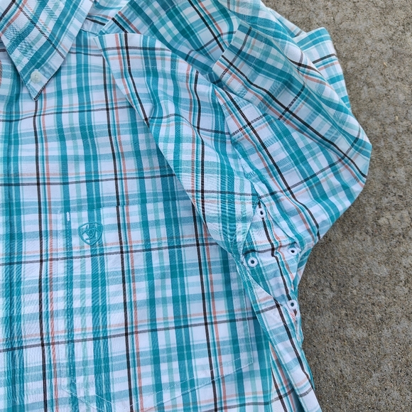 Ariat Men's Pro Shirt Blue White Plaid Medium Cowboy Button Down Short Sleeve - Picture 3 of 9